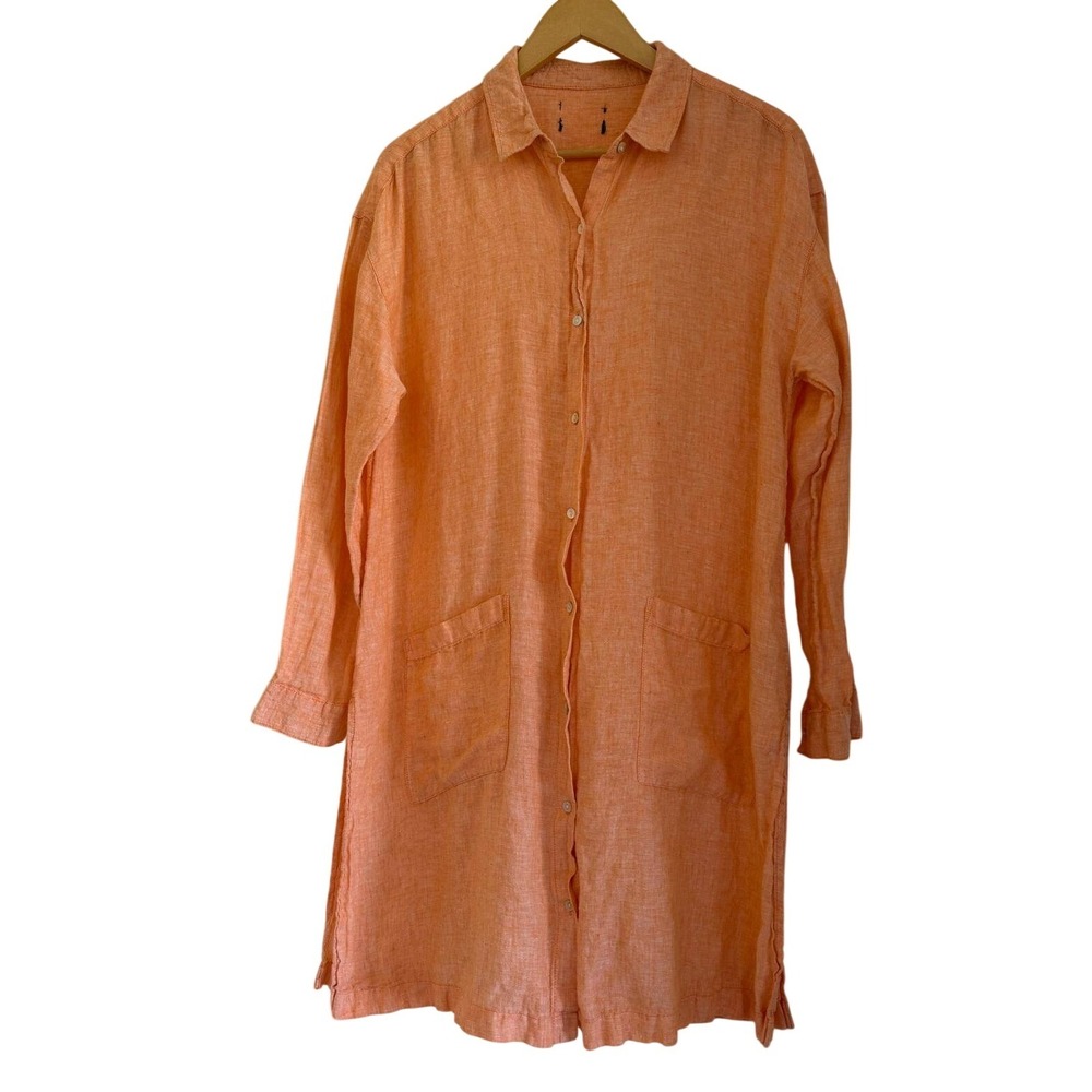 100% Linen Long Shirt Dress Tunic Orange Coral Button Front Pockets Large